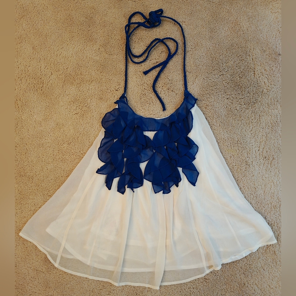 Y2K Cecico Fairy Halter Top w Blue Floral Ruffles, Sheer Over Layers.